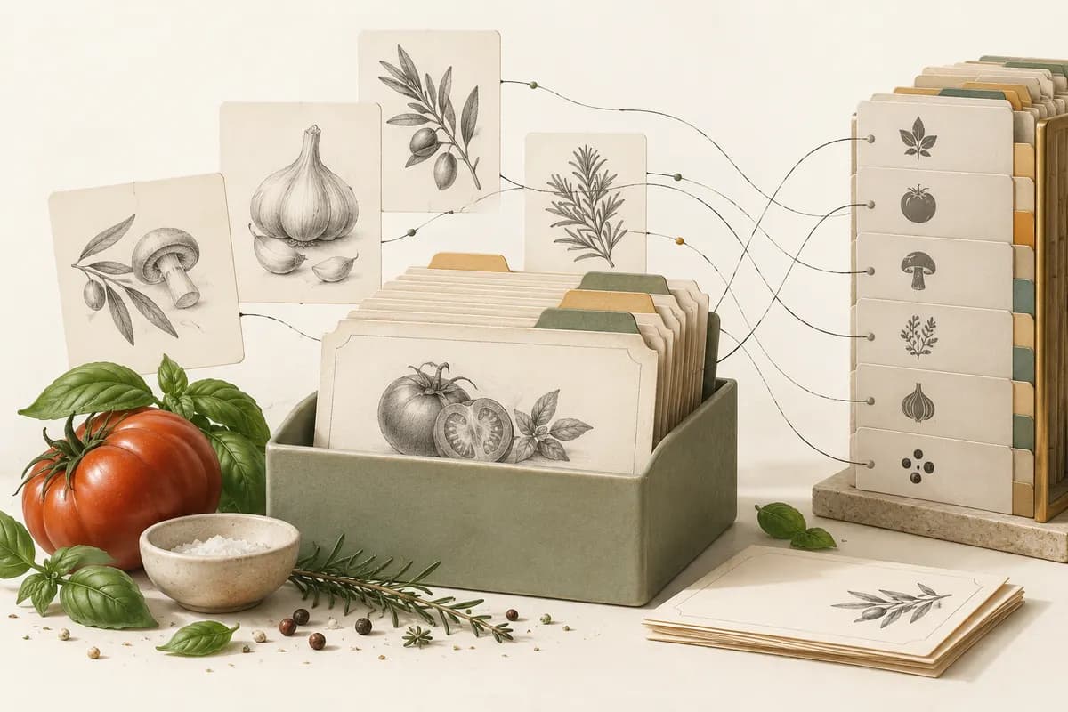 Illustration of ingredient cards linked into an organized recipe archive