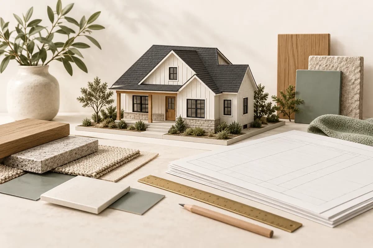 Illustration of a house model, estimating sheets and material samples