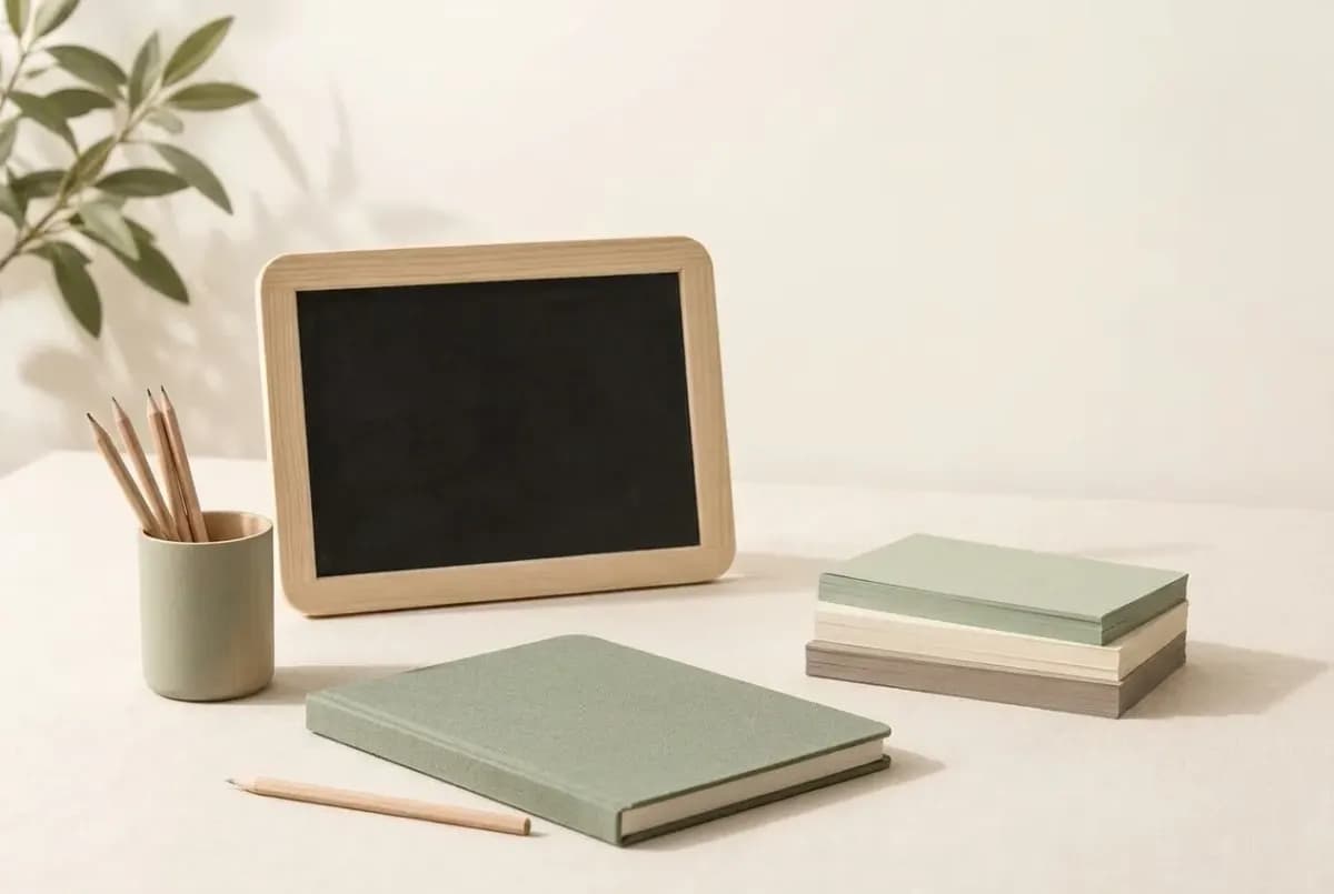 Illustration of a small blank chalkboard, a stack of pastel index cards, a closed notebook and a cup of pencils
