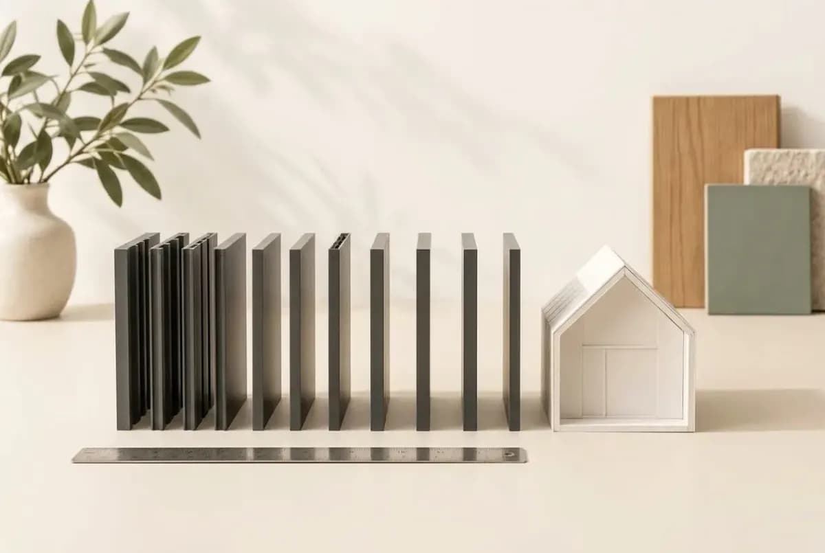 Illustration of a row of slim aluminium batten samples at varied spacing, a small white architectural model of a house front and a metal ruler