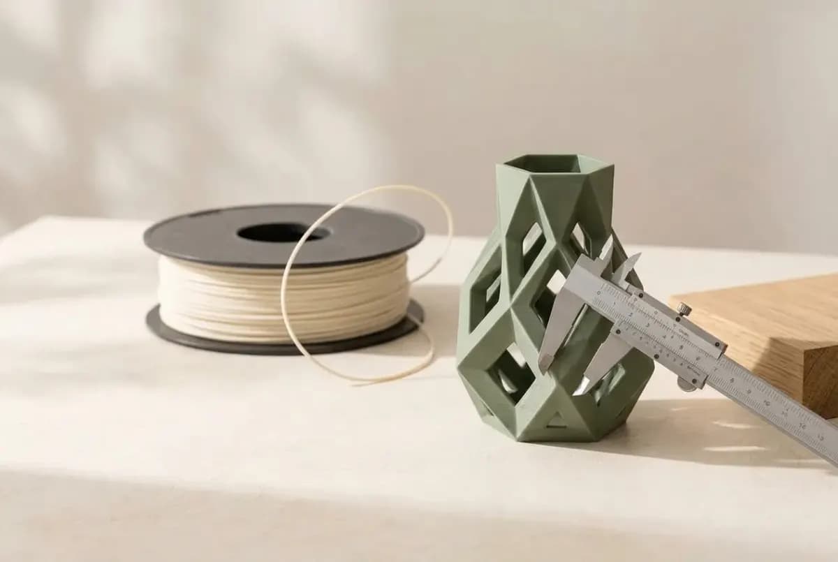 Illustration of a geometric 3D printed vase, a spool of pale filament and a pair of metal calipers