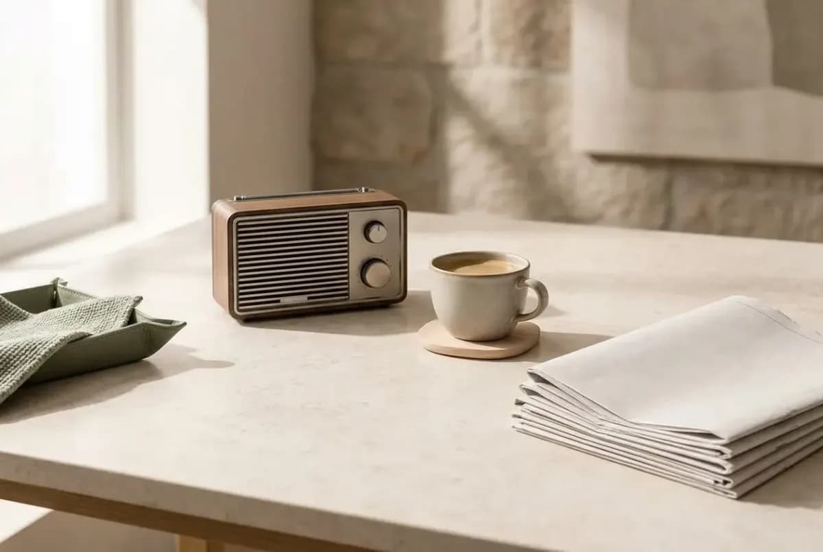 Illustration of a neat stack of folded newspapers with blank pages, a small vintage radio and a cup of coffee
