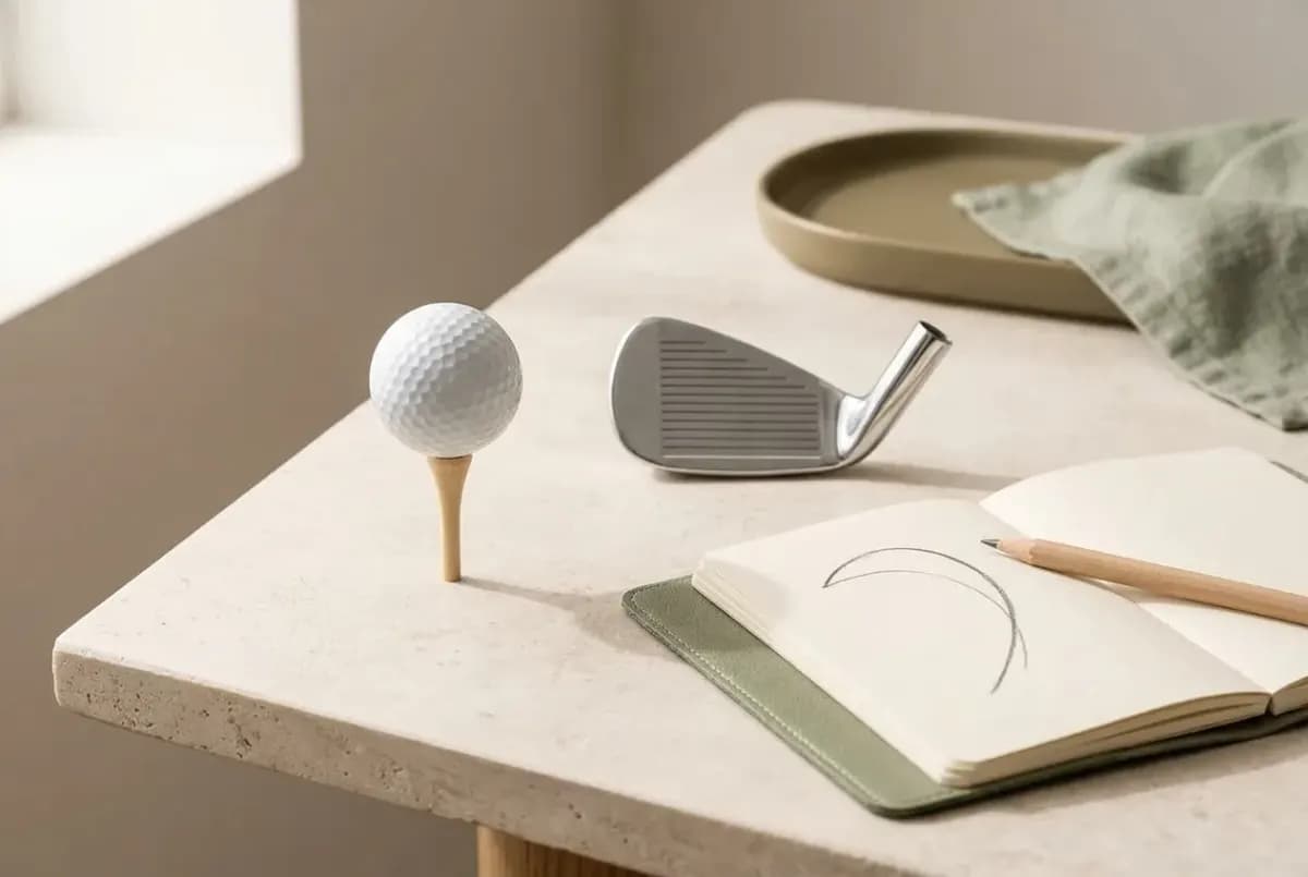 Illustration of a golf ball on a wooden tee, a single golf club head and a notebook with a sketched curved line