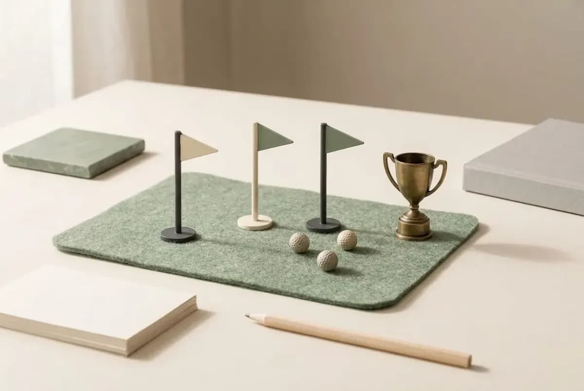 Illustration of small golf flag pins standing on a piece of green felt, a few golf balls and a small brass trophy