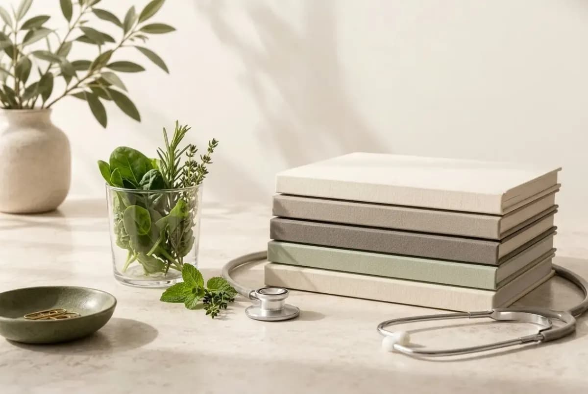 Illustration of a short stack of plain journals, a glass of fresh green leaves, sprigs of herbs and a stethoscope