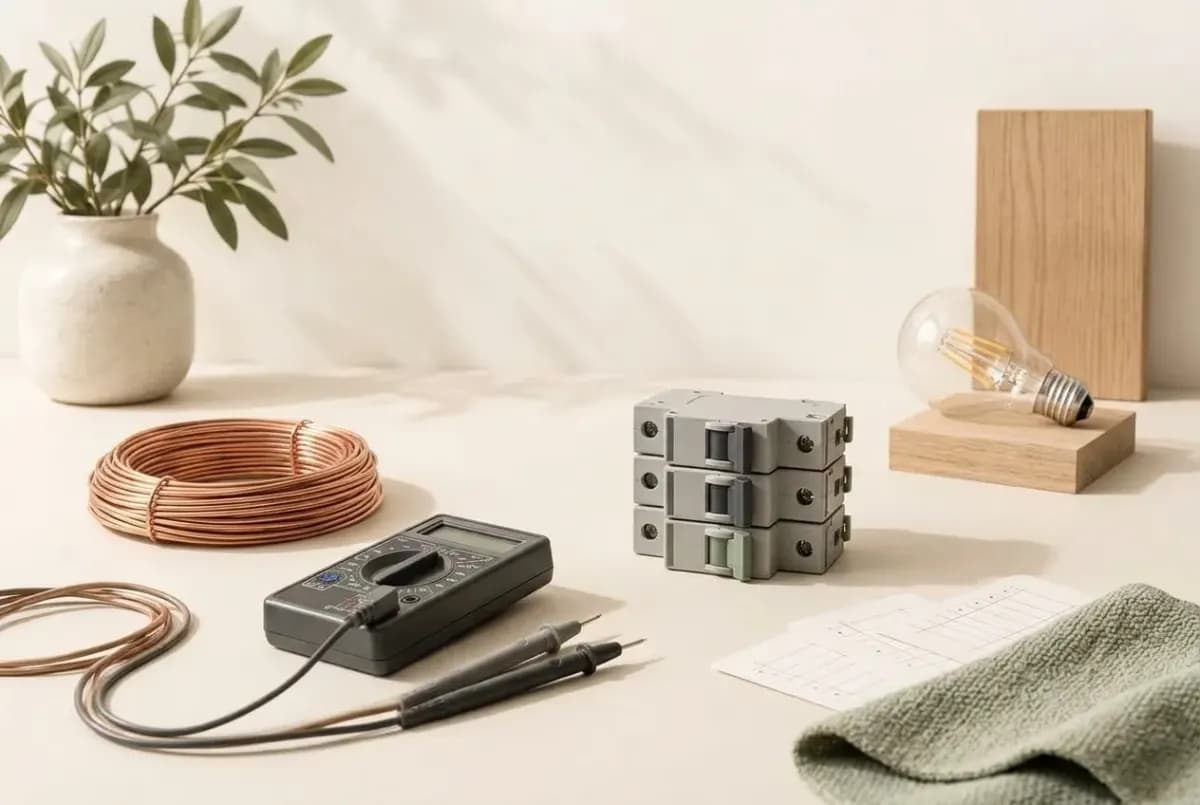Illustration of a coil of copper wire, a small handheld multimeter, a few circuit breaker switches and a light bulb