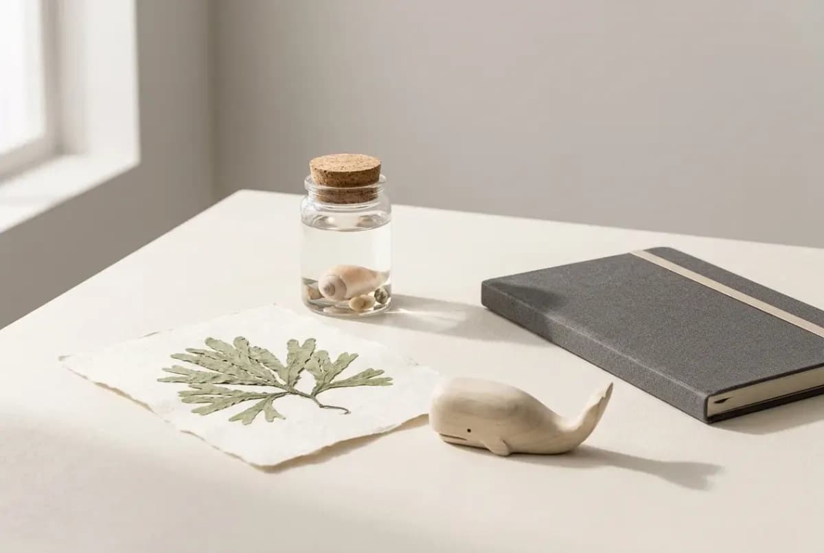 Illustration of a small glass jar of sea water with a shell, a pressed seaweed specimen, a small carved wooden whale and a closed field notebook