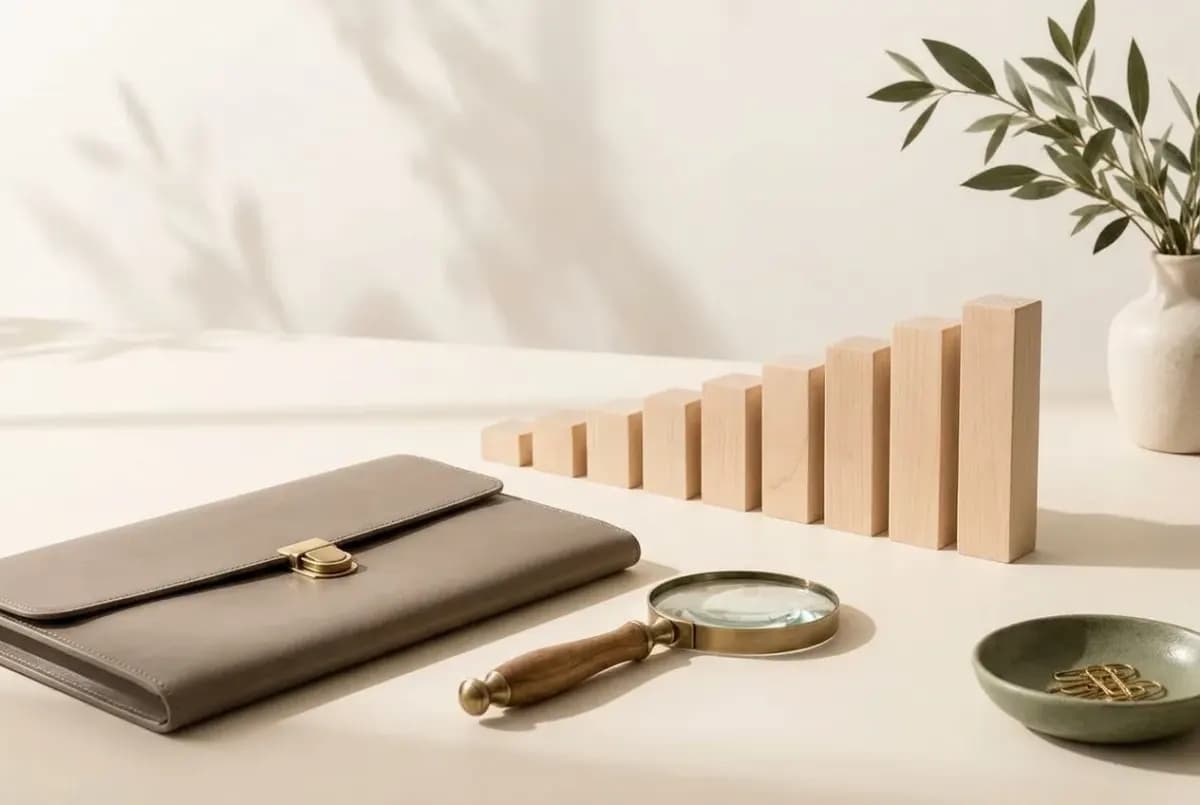 Illustration of a slim leather portfolio case, a brass magnifying glass and a row of wooden blocks of rising heights like a chart