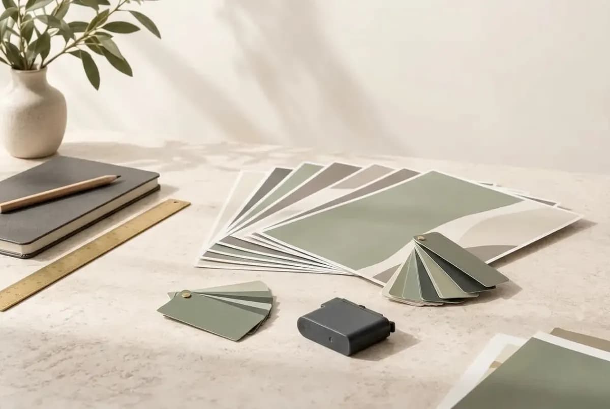 Illustration of a fanned stack of glossy printed sheets in muted colours, a small colour swatch fan, a matte ink cartridge and a closed notebook with a pencil