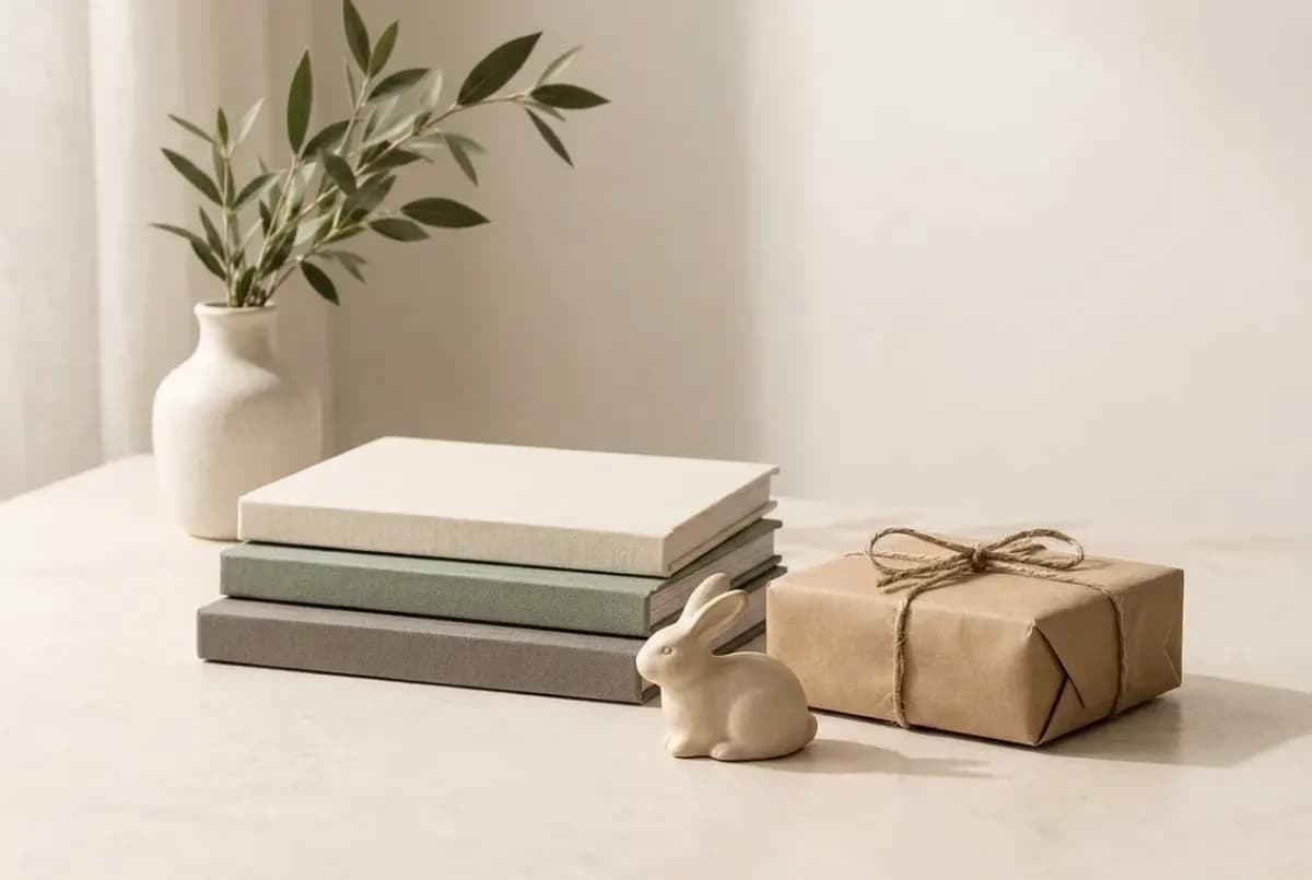 Illustration of a small stack of hardcover children's picture books with plain covers, a parcel wrapped in brown paper and twine, and a small ceramic figurine