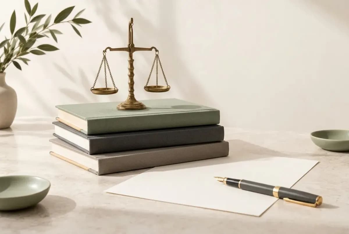 Illustration of a small brass balance scale, a closed cloth-bound book and a fountain pen resting on a sheet of blank paper
