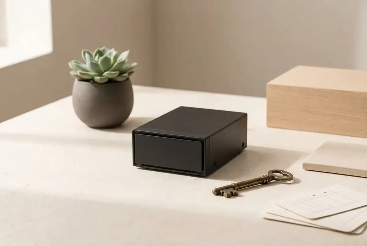 Illustration of a single small black mini server box, an old brass key and a small potted plant