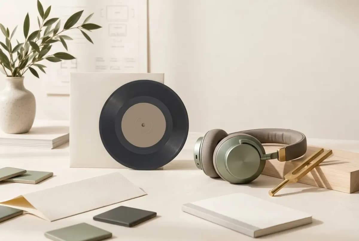 Illustration of a small vinyl record leaning against its plain sleeve, closed-back headphones and a brass tuning fork