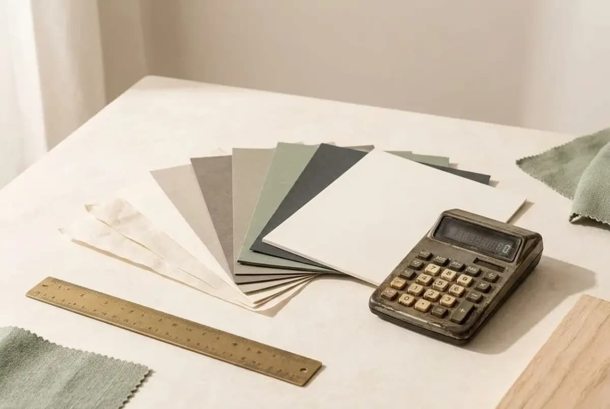 Illustration of paper samples of different weights fanned out, a small vintage calculator and a metal ruler