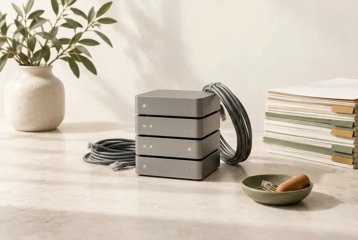 Illustration of several small matte grey boxes stacked like a tiny server rack with soft indicator lights and neatly coiled cables