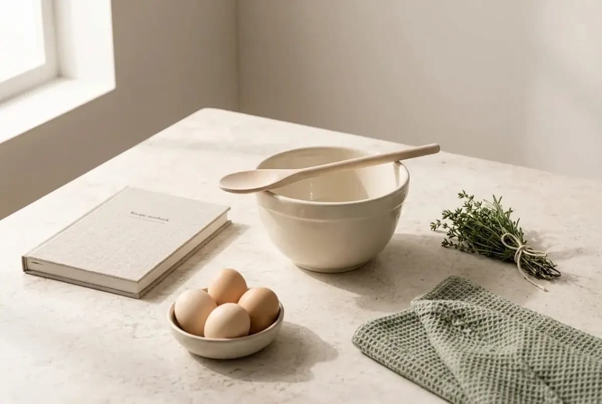 Illustration of a linen recipe notebook, a cream mixing bowl with a wooden spoon, a small dish of eggs, a bundle of fresh thyme and a sage tea towel