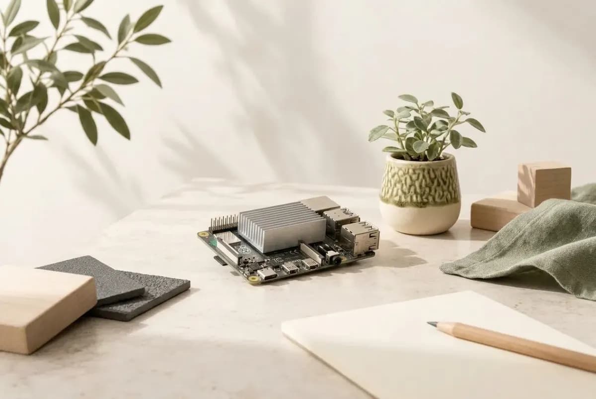 Illustration of a circuit board with silver heatsink fins and a small potted plant