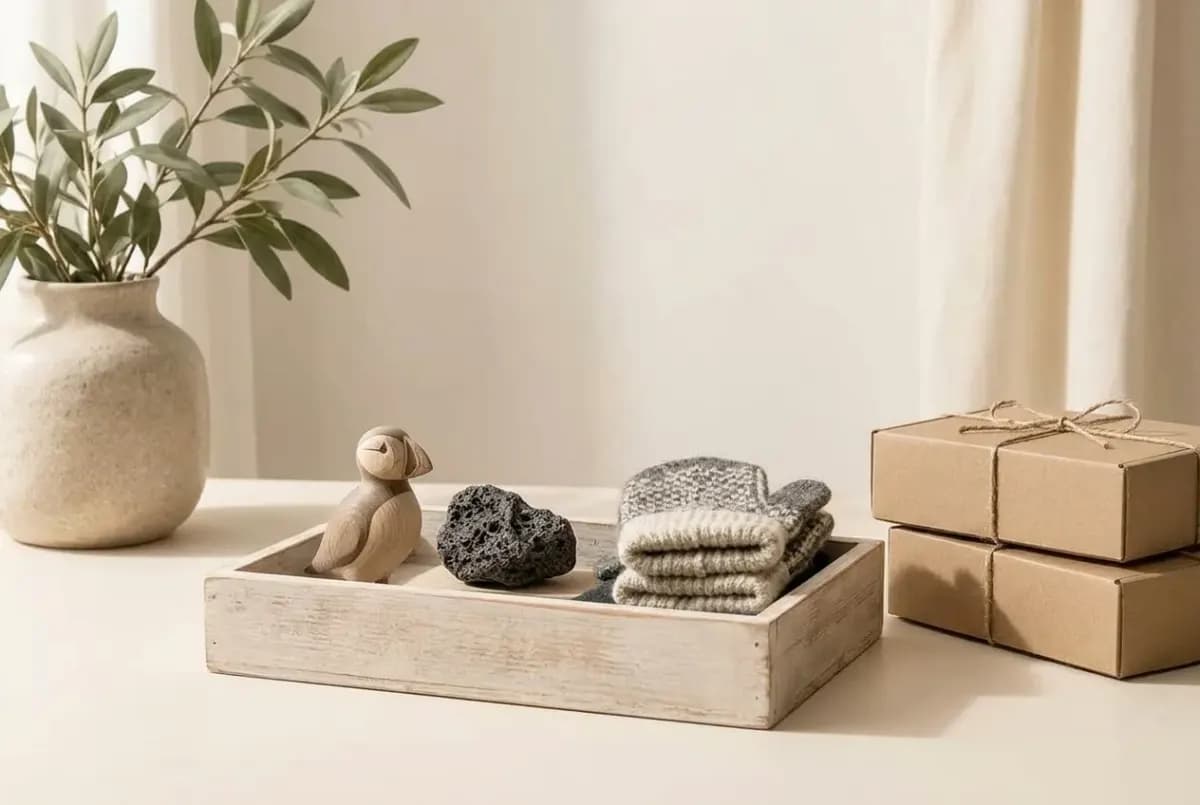 Illustration of a shallow wooden crate holding small souvenirs: a carved wooden puffin, a piece of dark lava stone and folded wool mittens, next to two plain cardboard boxes tied with twine