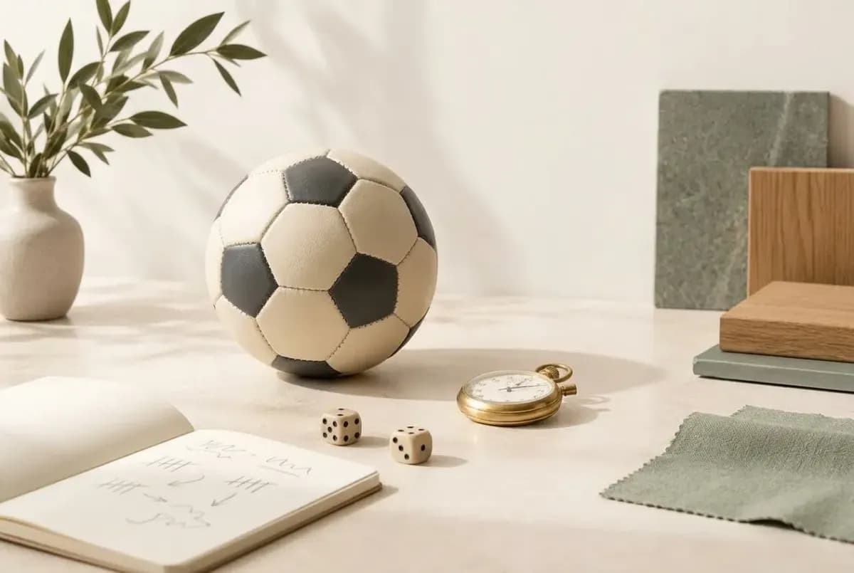 Illustration of a small round association football, a small brass stopwatch, two dice and a notebook with abstract pencil marks