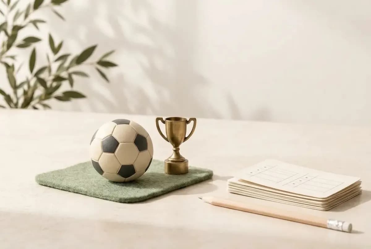 Illustration of a small round association football on a piece of green felt, a small brass trophy and a few blank score cards