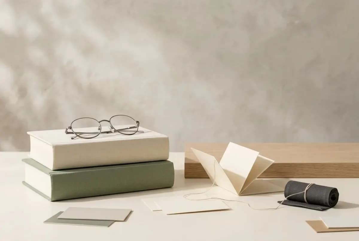 Illustration of two stacked cloth-bound dictionaries with blank spines, a pair of reading glasses and a few blank index cards linked by a fine thread
