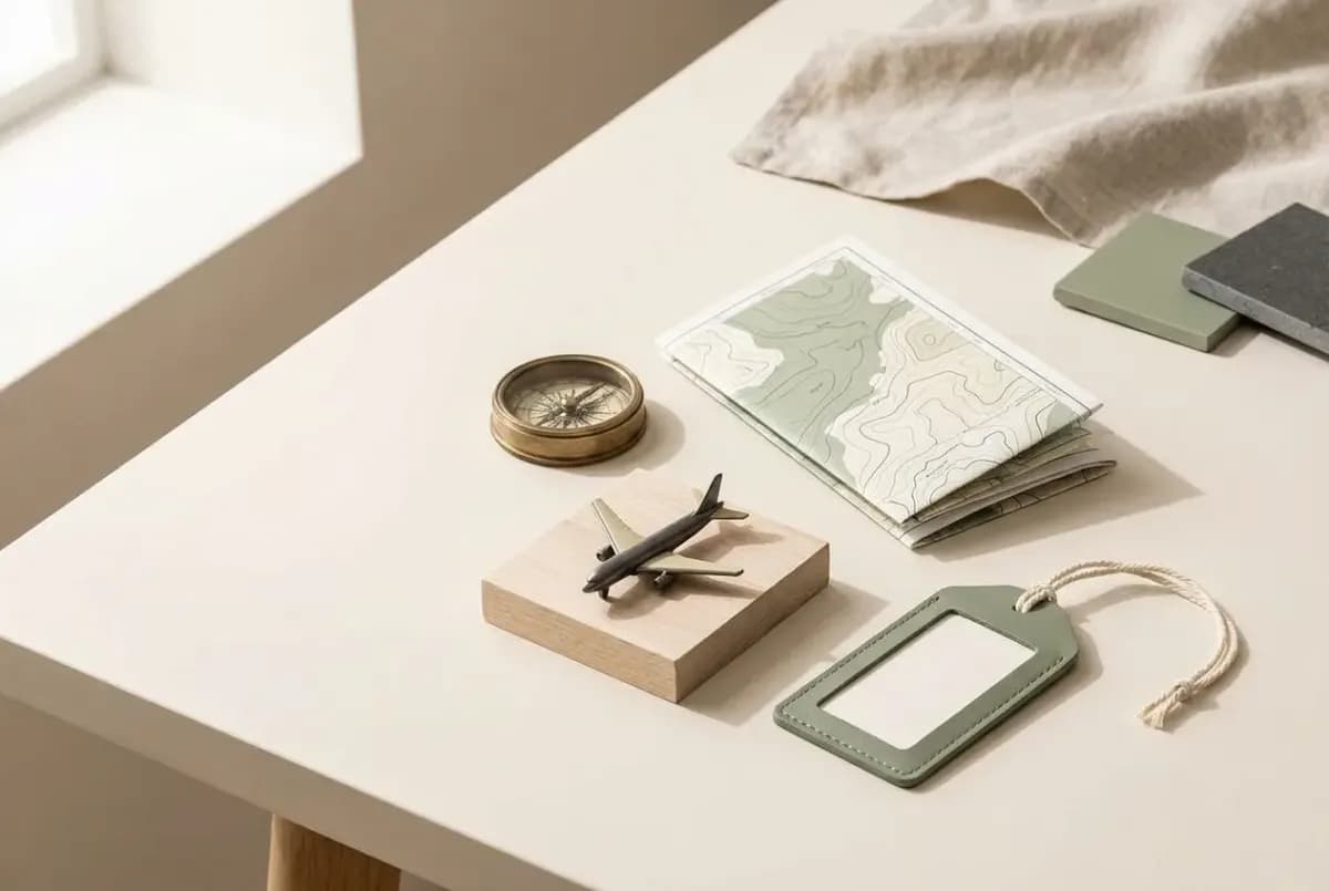 Illustration of a small brass compass, a folded paper map, a tiny model airplane and a luggage tag