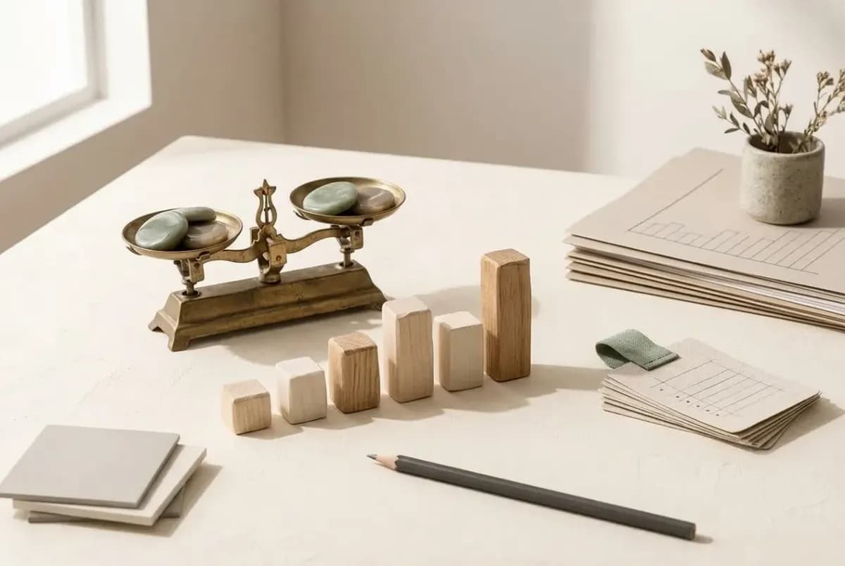 Illustration of a small brass scale with polished stone coins and a row of wooden blocks of different heights like a bar chart
