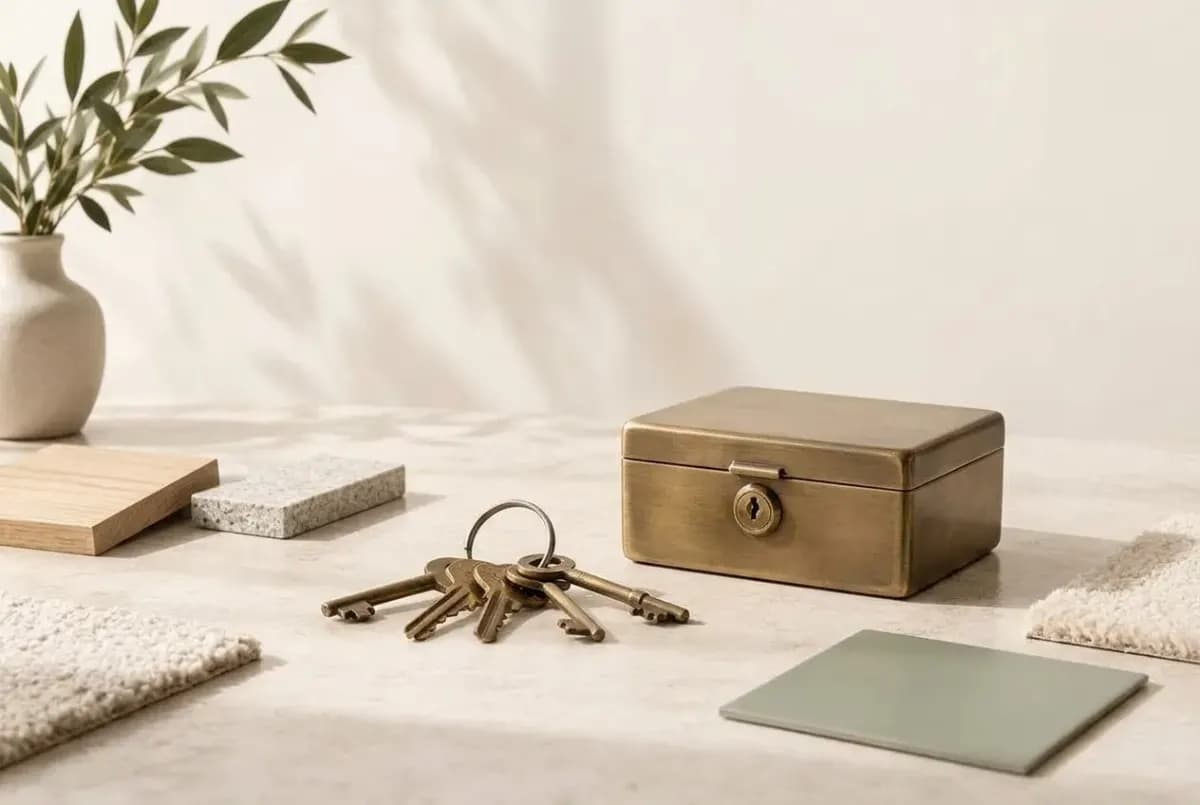 Illustration of a small brass lockbox with its lid closed and a ring of old keys beside it