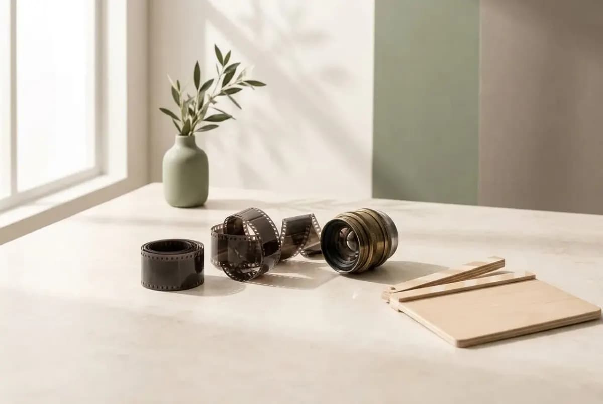 Illustration of strips of film negative curled on the table, a vintage camera lens and a small plain wooden clapperboard with no writing