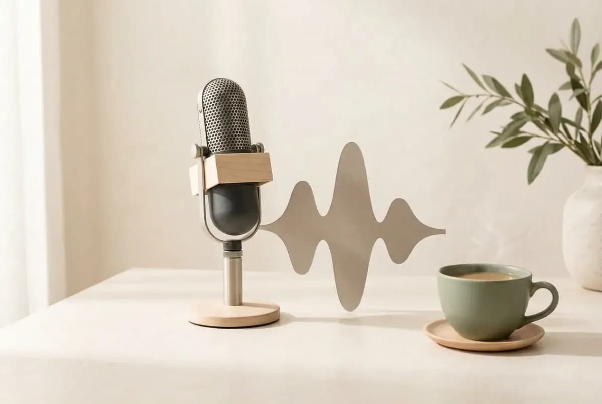 Illustration of a vintage studio microphone, a paper cut-out of a soft sound wave and a cup of tea