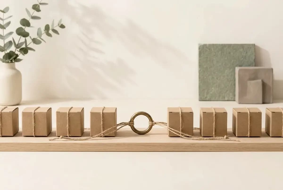Illustration of a row of small plain cardboard boxes on a wooden shelf, each tied with twine leading to one central brass ring
