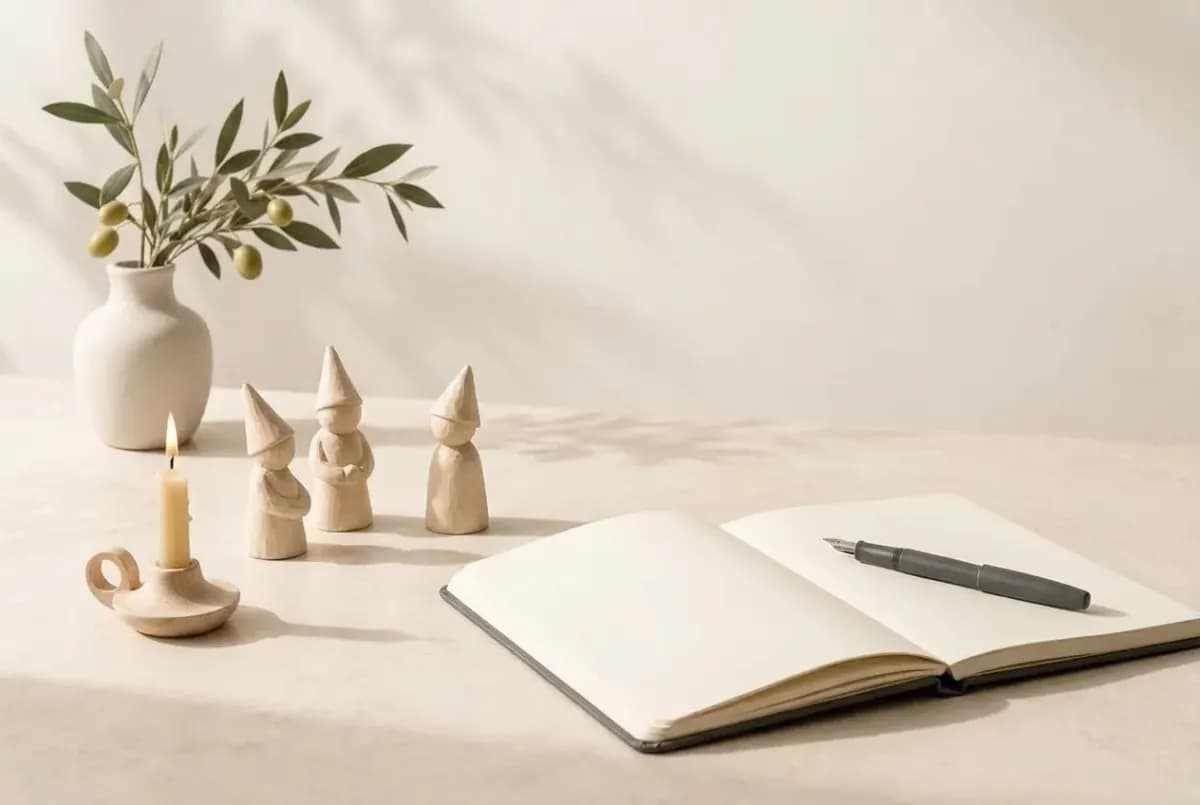 Illustration of a open blank notebook with a fountain pen, a few small hand-carved wooden figures with pointed hats and a lit candle