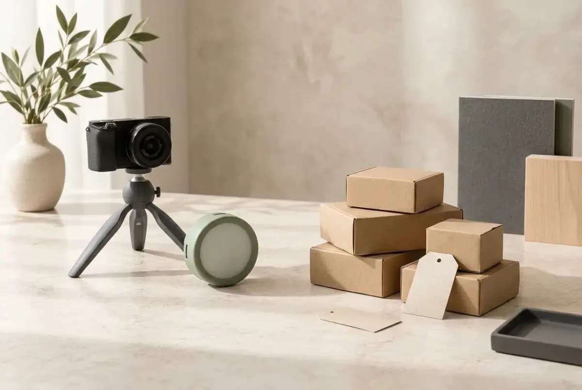 Illustration of a small camera on a mini tripod, a compact round light and a few plain cardboard boxes