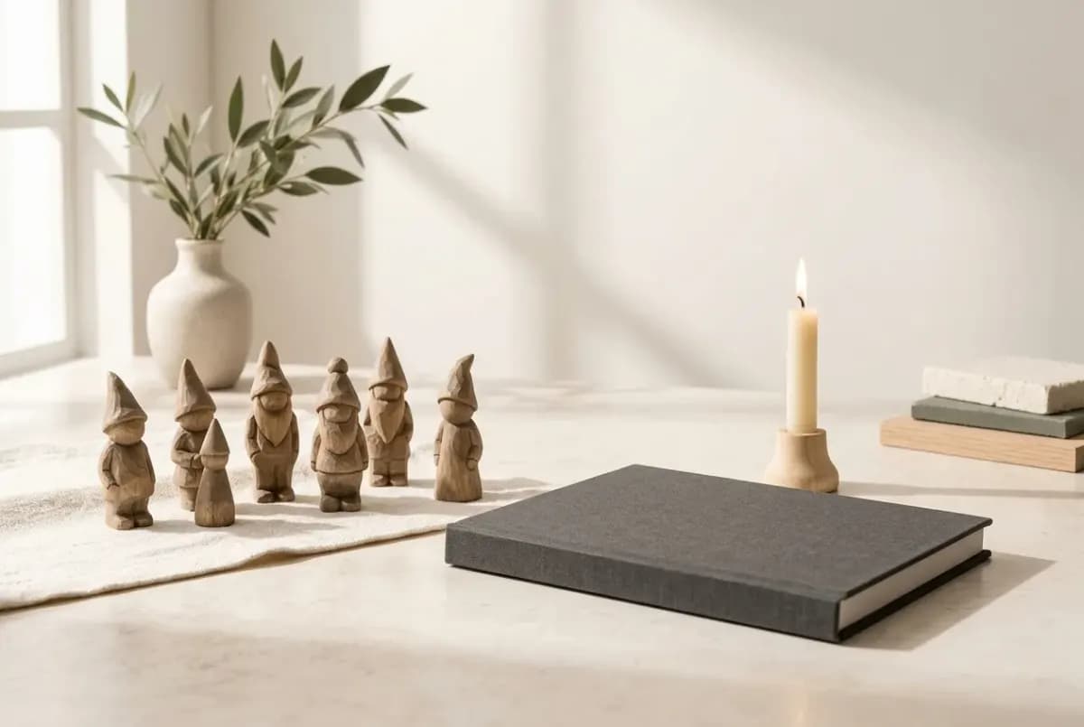 Illustration of a row of small hand-carved wooden figures with pointed hats in a snowy linen setting, a plain hardcover picture book and a lit candle